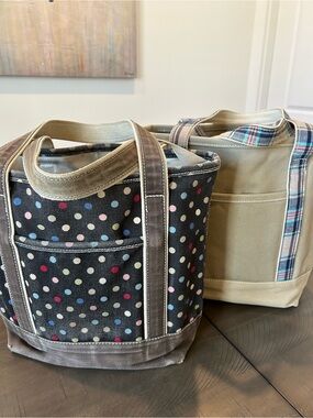 Lands' End Canvas Tote Pair - Chocolate Polka Dot & Khaki Plaid Trim